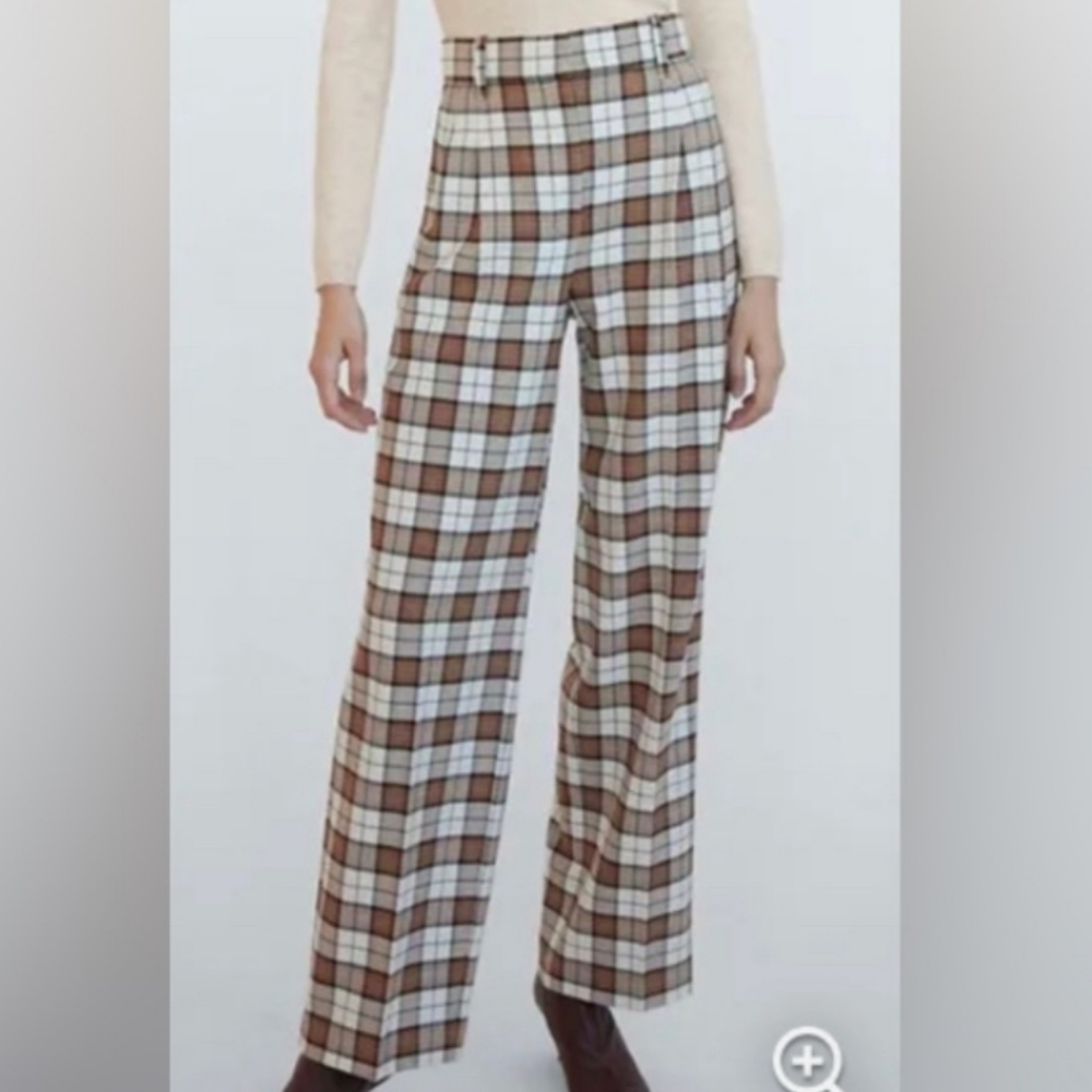 Wilfred Plaid High-Waisted Pants - Brown and Cream